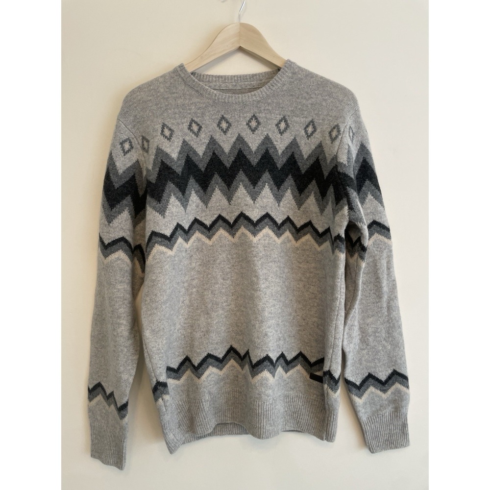 Barbour Regis Fair Isle Sweater Men Medium 100% Wool Grey Crewneck Zig Zag
